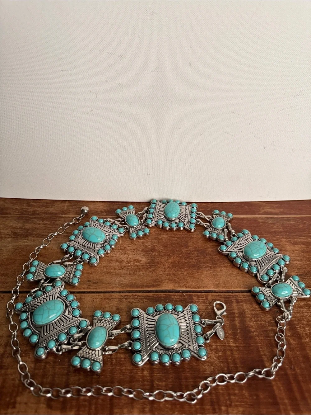 Turquoise Stone Statement Chain Belt- Silver-Tone Accents